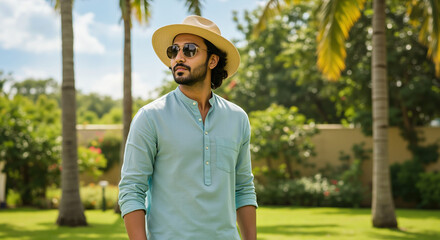 Man in straw hat and light blue shirt standing in tropical garden during hot weather. Heat protection and summer outdoor activities for sun safety and comfort