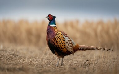 Fototapeta premium Majestic Ring-Necked Pheasant Displaying Vibrant Plumage in a Field Setting