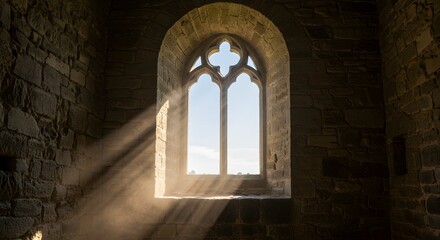 Sunlight Streams Through Gothic Window of Ancient Stone Castle, Creating a Dramatic Light and Shadow Effect - Exploring History, Architecture, and the Beauty of Old World Charm
