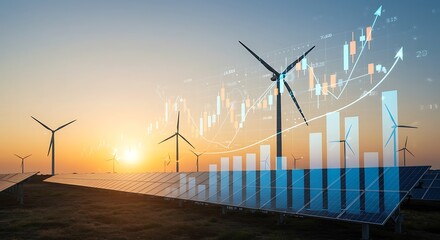 Renewable Energy Investment Growth with Wind Turbines Solar Panels and Financial Chart Overlay at Sunset for Sustainable Future