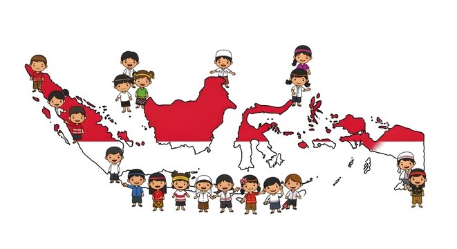 Cartoon children representing various Indonesian cultures standing on a map.