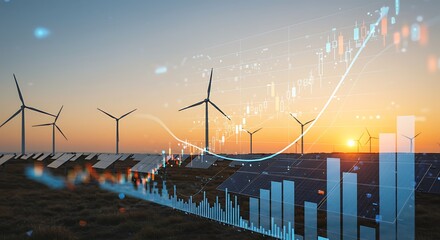 Renewable Energy Investment Growth with Wind Turbines Solar Panels and Financial Graph Overlays at Sunset