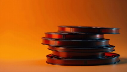 Stack of Vintage Film Reels on Orange Background