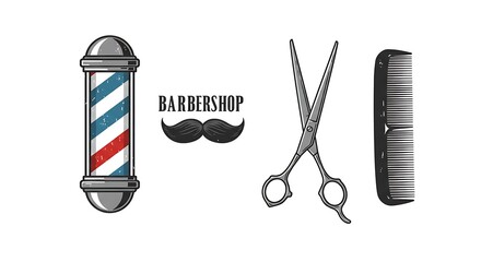 A vintage themed vector of a barbershop sign with classic fonts, scissors, and comb icons, centered on a white background
