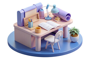 An isometric view of a desk with a lamp, book, and plant isolated on transparent background