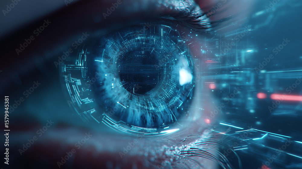 Poster futuristic machine vision concept: a digital android eye composed of circuitry and data streams that