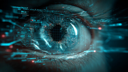 Futuristic machine vision concept: a digital android eye composed of circuitry and data streams that scans the environment, with glowing holographic interface elements