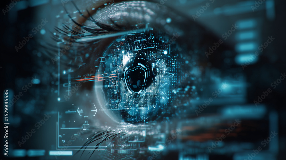 Poster futuristic machine vision concept: a digital android eye composed of circuitry and data streams that