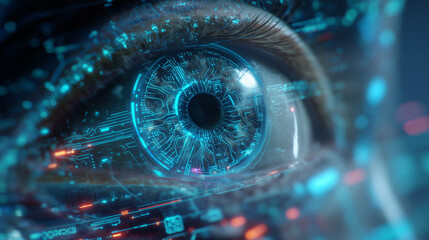 Futuristic machine vision concept: a digital android eye composed of circuitry and data streams that scans the environment, with glowing holographic interface elements
