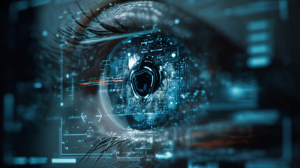 Futuristic machine vision concept: a digital android eye composed of circuitry and data streams that scans the environment, with glowing holographic interface elements