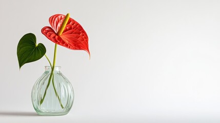 A vibrant red Anthurium in a glass vase