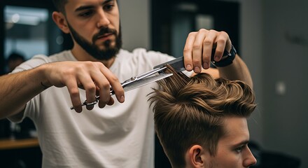 A high detail image of a barber using scissors to cut hair, with sharp blades and falling strands in focus, hands steady and client relaxed, professional setting, 8k
