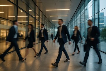 Fototapeta premium Urban Commute: A dynamic group of business professionals navigate a sleek, modern office corridor, embodying the pace and purpose of a fast-paced business environment.