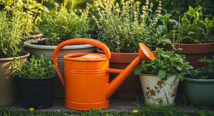Vibrant Orange Watering Can Amongst Potted Herbs in a Garden