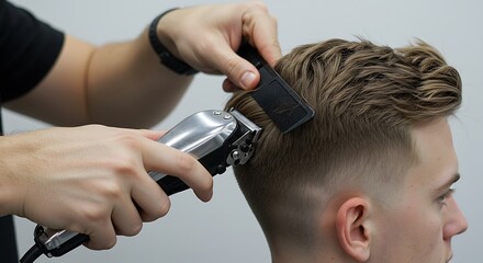 Close-up of a barber shaping a fade haircut using clippers, clean lines and fresh haircut visible, modern styling and clean background, 