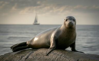 Seal on Rock Gazing at Distant Sailboat