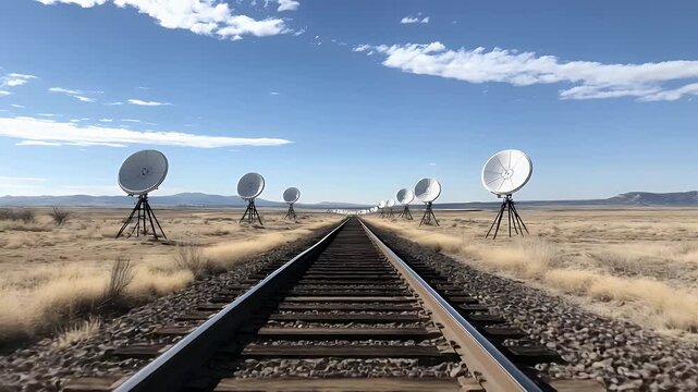 Desert landscape with radio telescopes along a railway track