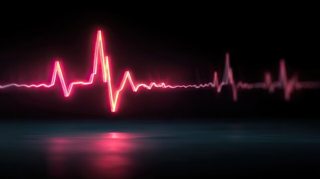 A vibrant, glowing pink heartbeat pulse line is displayed against a black background with a reflective surface.