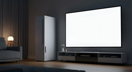 Modern living room with a gray couch and wooden floor at night. Empty TV mounted on a gray media console with a modern, minimalist design.