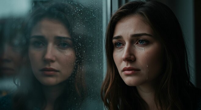 Woman looking through rainy window