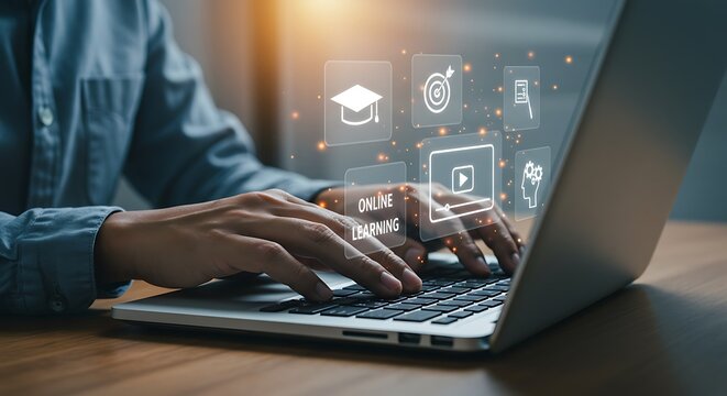 Person using laptop for online learning education course