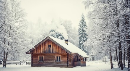 Rustic Log Cabin Winter Wonderland Smoke Chimney Snow