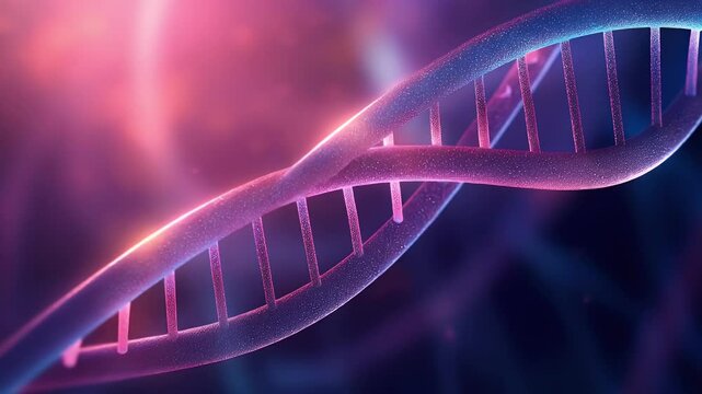 Detailed close-up of a DNA strand, vibrant purple and pink hues, illuminated with glowing light effects