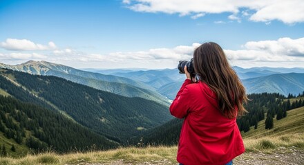 Naklejka premium Photographer capturing layered mountain range with a DSLR camera in natural light