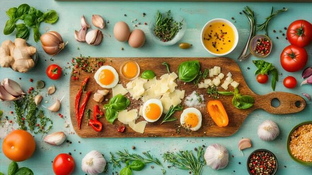 Mediterranean-inspired egg & cheese board with fresh herbs and vegetables