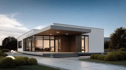 Modern house contemporary architecture large window minimalist design outdoor evening garden luxury home peaceful residential