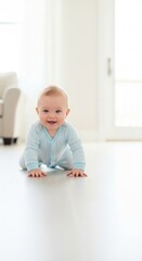 Naklejka premium Happy Baby Crawling on Floor, Smiling in Brightly Lit Room
