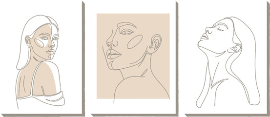 Set of three line art woman face drawing posters, minimalist female portrait illustration for wall decor