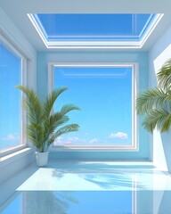 Light-blue room with sky-view windows and tropical plants