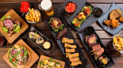 Beer Day Celebration Urban Design. Delicious assortment of dishes and drinks on wooden table.