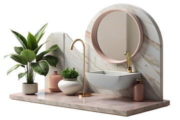 Modern bathroom vanity with a sink, faucet, mirror, and plants isolated on transparent background