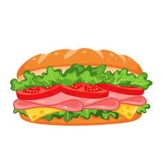Colorful cartoon sandwich with lettuce, tomato, and meat. Tasty and playful vector illustration ideal for food-related content, menus, or kids’ design