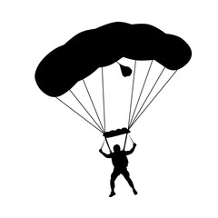 Silhouette of a person skydiving with an open parachute. Vector illustration perfect for adventure, extreme sports, and outdoor activity themes