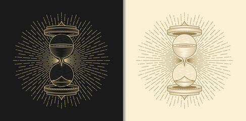 Ornamental hourglass illustration gold engraving on black and white background