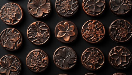 Dark background showcases numerous round, ornate chocolate treats.  Intricate copper-hued floral designs are embossed on each