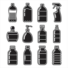 Assorted black liquid containers with white outlines bottle spray bottle