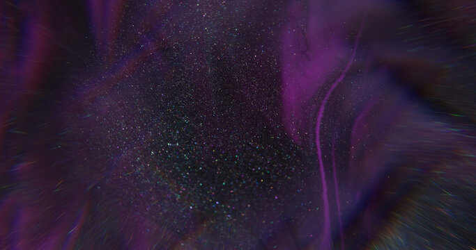 Shimmer stream. Beam texture. Defocused purple blue black color splash paint sparkling water on abstract creative neon dark background.