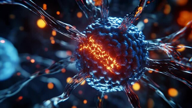 Detailed close-up of a glowing cell or virus, with intricate details and vibrant colors