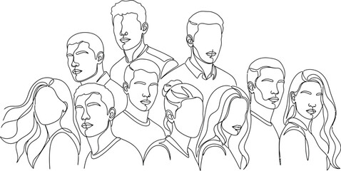 Continuous line drawing of group of people teamwork concept minimal art portrait vector illustration design