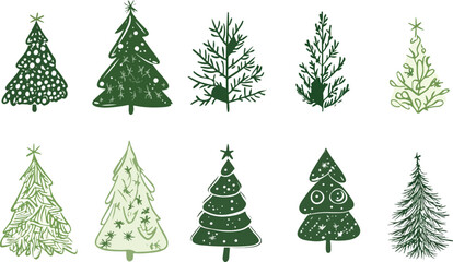 Fototapeta premium Hand Drawn Christmas Tree Seamless Pattern in Green Tones on White Background