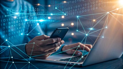 Person working with smartphone and laptop surrounded by digital data network and binary code visualization
