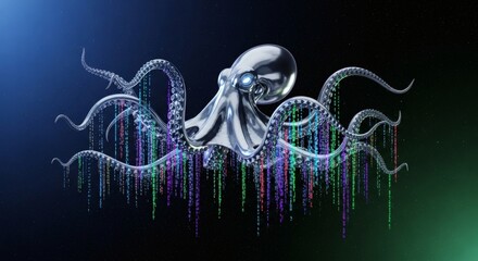 Cybernetic Octopus: A futuristic, chrome octopus with glowing eyes, its tentacles intertwined with digital streams against a dark backdrop, representing the fusion of technology and marine life.