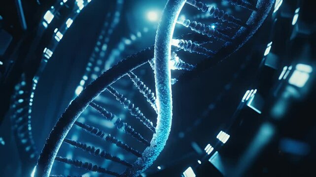 Detailed DNA structure, glowing blue, intricate design