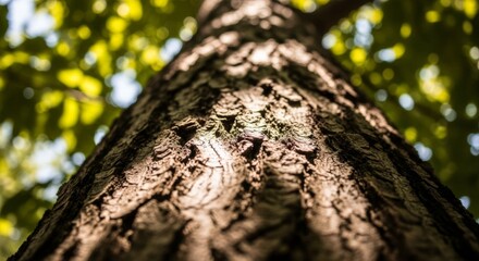 Textured tree trunk bark reaching towards blurred green canopy, sunlight dappled