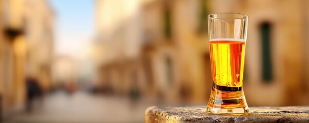 Beer Day Celebration Urban Design. Glass of golden drink on a blurred street background.