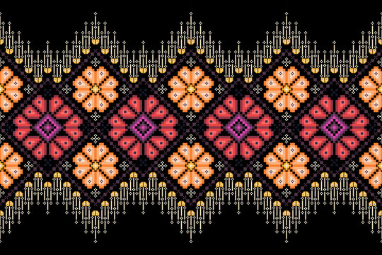Vibrant ethnic pixel border pattern with warm amber, deep magenta,purple. Features geometric floral motifs. Ideal for tribal-inspired garment trims, decorative accents,cultural textile designs,fabric 